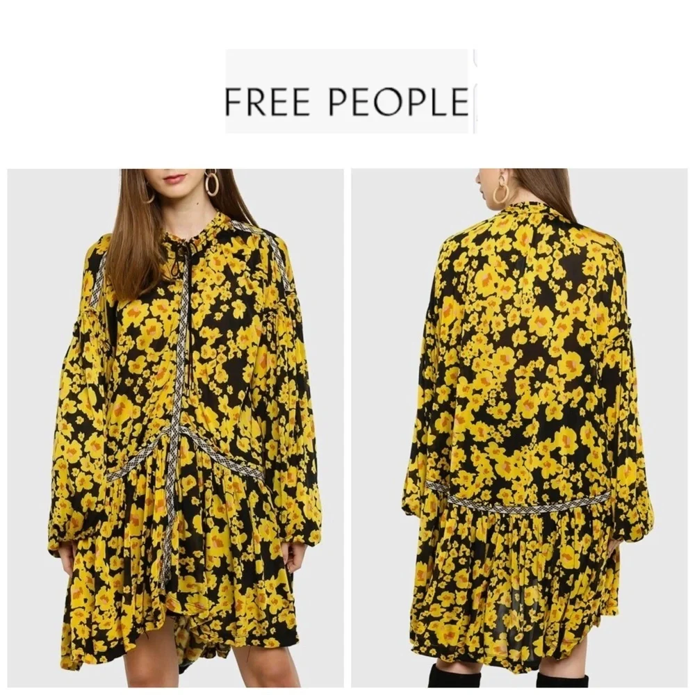 Free People Yellow and Black Tiered Sundress with Bishop Sleeves M - Picture 1 of 16